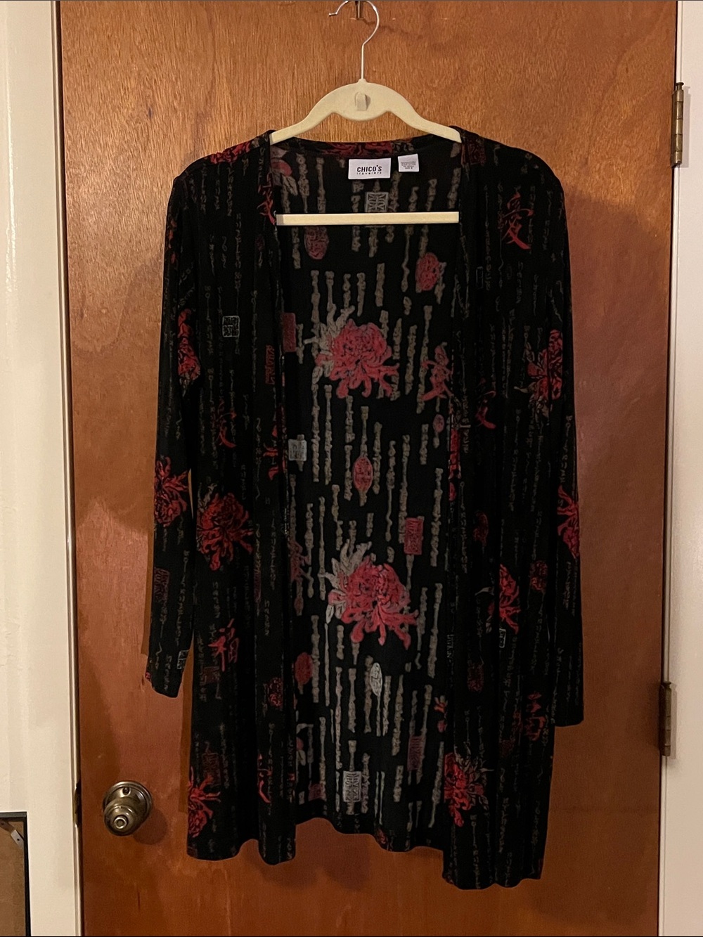 Chico's Traveler’s Black Cardigan with Red Floral Script Print Size 2